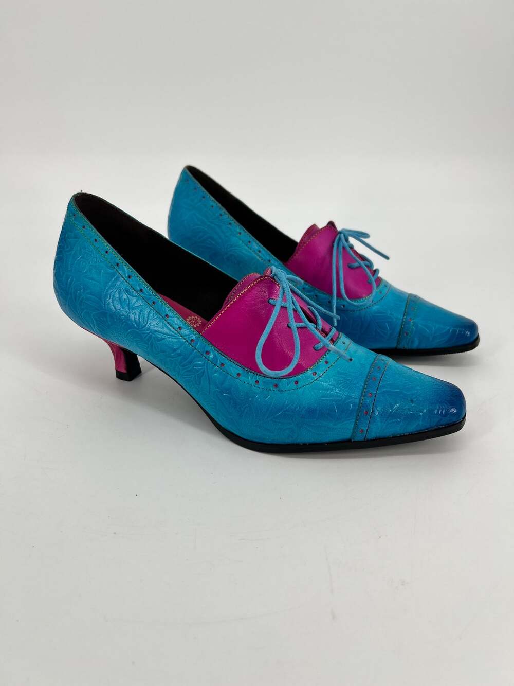 Smaibulun Soffia Kitten Heel Oxford Shoe Womens EU 39 US 8-8.5 Turquoise Leather